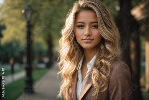 portrait of a young woman in the city park, blond hair