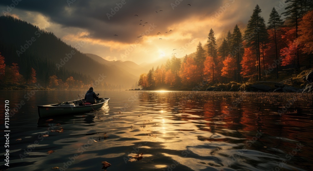 Amidst a serene lake surrounded by towering trees and misty mountains, a lone figure floats in a canoe, basking in the golden glow of a stunning sunset
