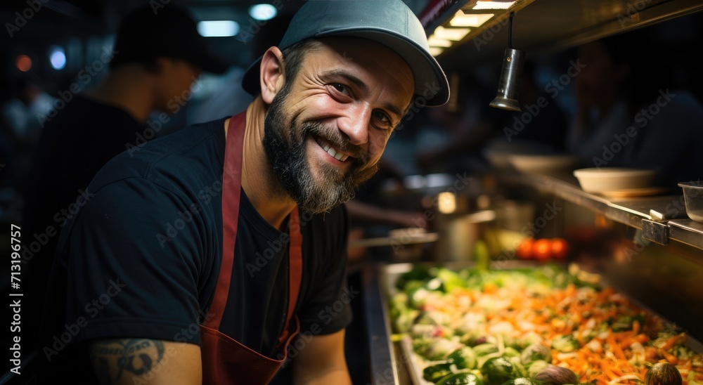A cheerful man in a market, donning a hat and surrounded by fresh produce, grins at the camera, radiating warmth and contentment A cheerful man in a market, donning a hat and surrounded by fresh produce, grins at the camera, radiating warmth and contentment