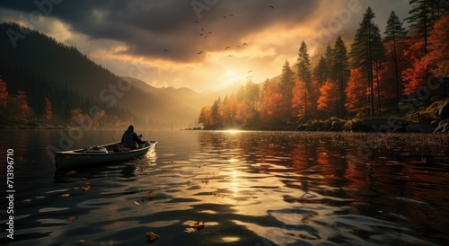 Amidst a serene lake surrounded by towering trees and misty mountains, a lone figure floats in a canoe, basking in the golden glow of a stunning sunset