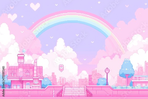 rainbow with sky background in pixel art style. © akimtan