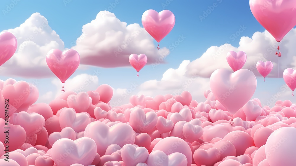 Valentine's Day theme for Card with pink color heart shaped balloon floating in the blue sky background