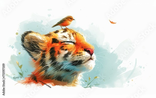 The cute tiger art with a small bird on head.