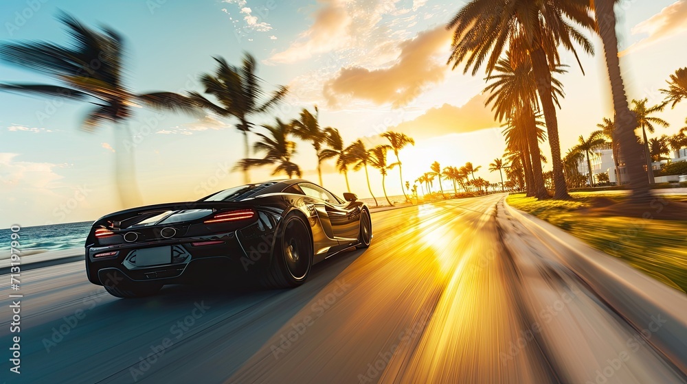 Obraz premium A sports car speeds along the Miami Beach coastline, surrounded by palm trees, exuding a sense of speed.