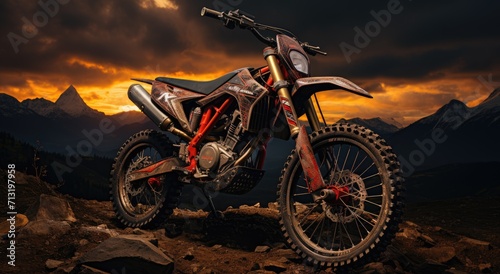 A fierce dirt bike tackles a treacherous rocky hill, its wheels churning through the rough terrain as the rider embraces the thrill of offroading and the freedom of the open sky © Larisa AI
