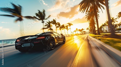 A sports car speeds along the Miami Beach coastline, surrounded by palm trees, exuding a sense of speed. © David
