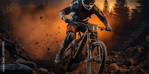 A daring cyclist rides their dirt bike with precision and skill, their helmet gleaming in the sunlight as they conquer the rugged terrain with their trusty two-wheeled vehicle