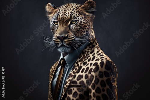 portrait of leopard in a full-length business suit on a dark background