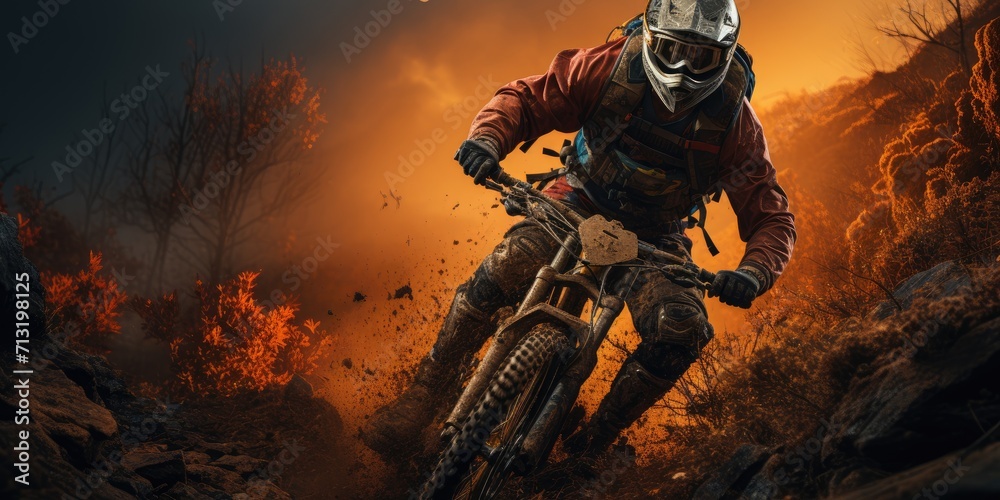 Embracing the thrill of the open road, a daring stunt performer dons their helmet and revs up their powerful offroading motorcycle, ready to conquer the rugged terrain and push the limits of this exh