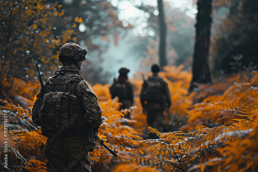 Armed Warrior in Camouflage: A Commando Soldier Aiming in a Forest Battlefield