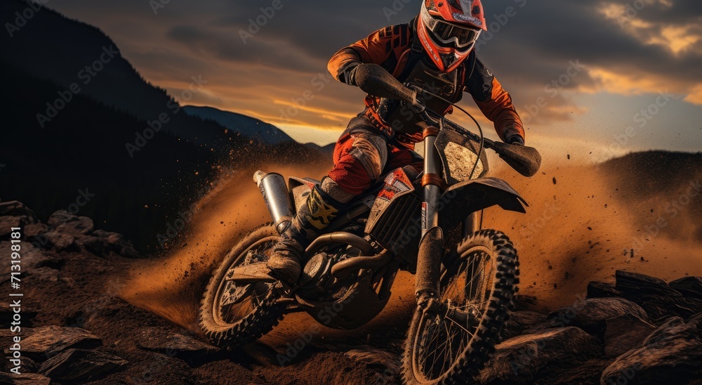 A fearless stunt performer defies gravity and tackles the rugged terrain on their dirt bike, leaving a cloud of dust in their wake as they race towards the setting sun - obrazy, fototapety, plakaty 