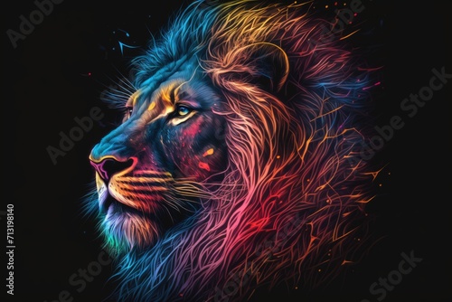 portrait of lion in neon colors on a dark background