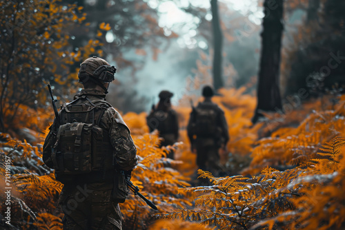 Armed Warrior in Camouflage  A Commando Soldier Aiming in a Forest Battlefield