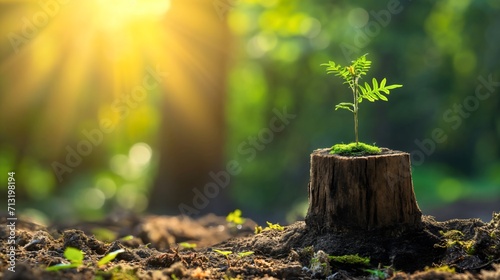 Young small plant with leaves growth in tree stump in sunny woods or forest nature. Summer or spring day, surrounded by soil, ground dirt and moss. Sapling fresh beginning, environmental ecology