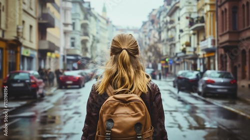 Rearview photography of a young woman wearing a backpack walking through a city or downtown street at daytime, people and cars on the side of the road blurred, youthful female person