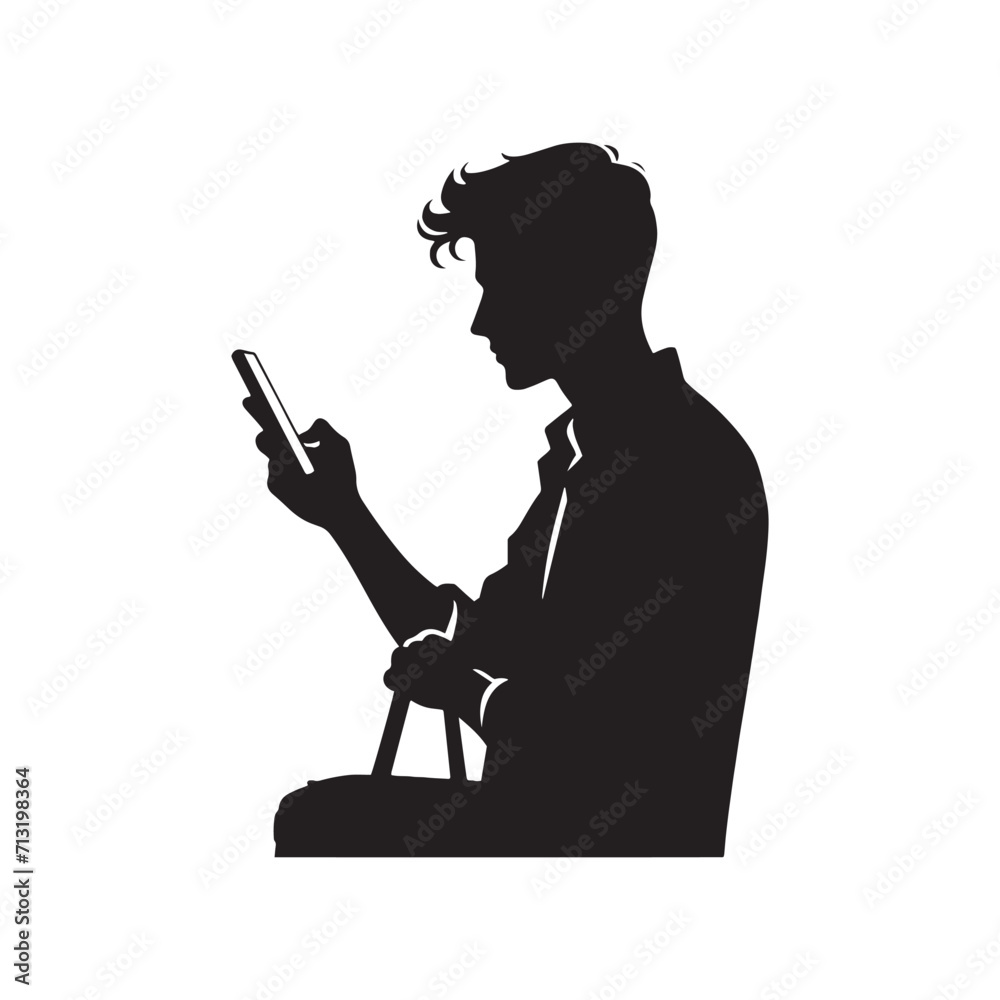 Dynamic Digital Dialogues: Mobile Addiction Illustration - Man Vector Completing the Narrative of Man Using Mobile Silhouette
