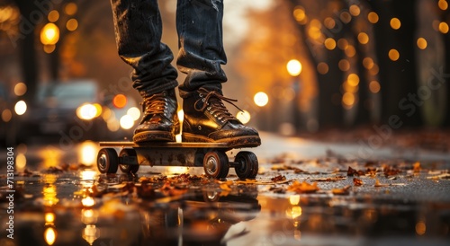 A lone figure glides effortlessly through the night, their feet adorned with sturdy boots and a trusty skateboard, the only source of light on the quiet street