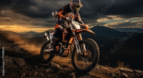 A fearless stunt performer races through the rugged terrain on their powerful motorcycle, defying gravity and pushing the limits of extreme sport under the dramatic sunset sky