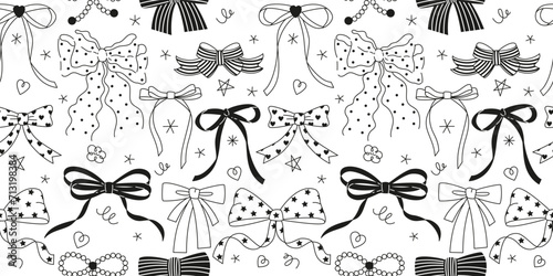 Seamless pattern with various cartoon bow knots, gift ribbons. Trendy hair braiding accessory. Hand drawn vector illustration. Valentine's day black and white background.