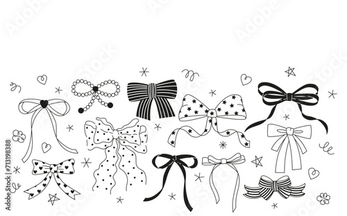 Set of various cartoon bow knots, gift ribbons. Trendy hair braiding accessory. Hand drawn vector illustration. Valentine's day black and white background. photo