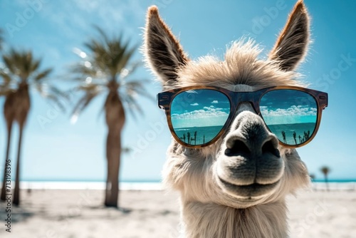 portrait of llama in sunglasses on a blurred background of palm trees and the beach