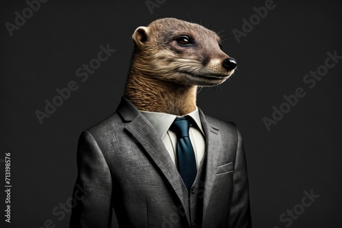 portrait of mongoose in a full-length business suit on a dark background photo
