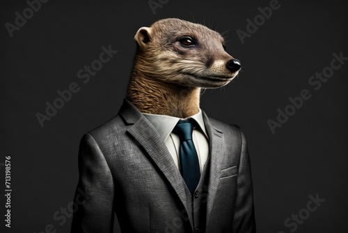 portrait of mongoose in a full-length business suit on a dark background