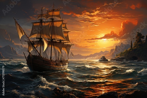 A majestic tall ship gracefully sails through the vibrant sky, its mast reaching towards the glowing sunrise, as it transports passengers across the vast ocean