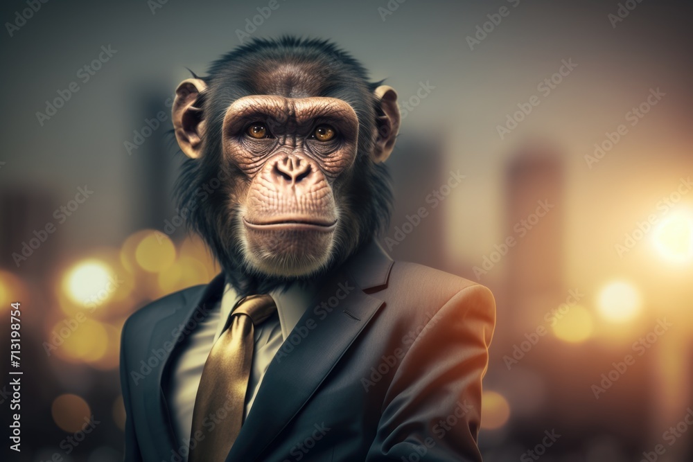 portrait of monkey in a dark business suit with a gold tie on a blurred background of an office portrait of monkey in a dark business suit with a gold tie on a blurred background of an office