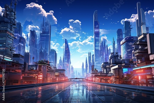 Dive into the animated hustle and bustle of an urban city with a background featuring dynamic skyscrapers, animated traffic, Generative AI
