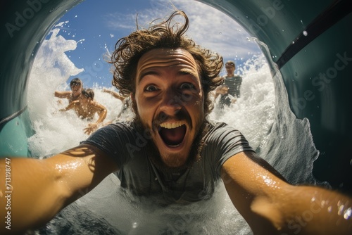 A person rides the waves of the sea, capturing their human face with a fisheye lens, as they snap a selfie in the underwater tube, surrounded by the beauty and freedom of the open water photo