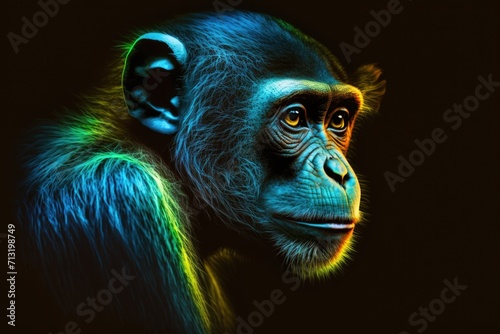 portrait of monkey in neon colors on a dark background