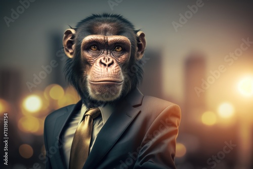 portrait of monkey in a dark business suit with a gold tie on a blurred background of an office