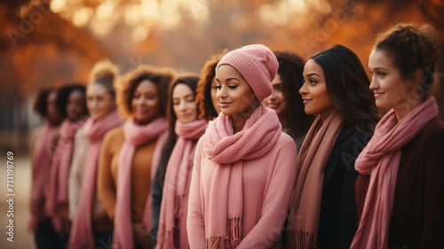 Pink ribbon symbol, group of diverse women standing