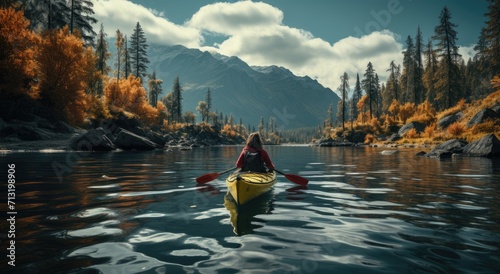 Serene solitude captured in a moment, as a person paddles their canoe across the glassy lake amidst a picturesque landscape of towering mountains and vibrant trees under a clear blue sky © Larisa AI