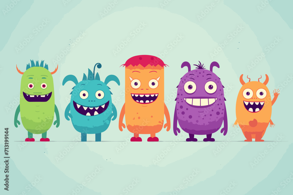 Cute abstract cartoon characters set. Bundle of different types of colorful monsters with simple shapes. Mascots expressing emotions. Vector childrens illustration in flat design isolated collection Cute abstract cartoon characters set. Bundle of different types of colorful monsters with simple shapes. Mascots expressing emotions. Vector childrens illustration in flat design isolated collection