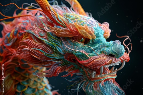The close up portrait of the dragon at the blue sky.