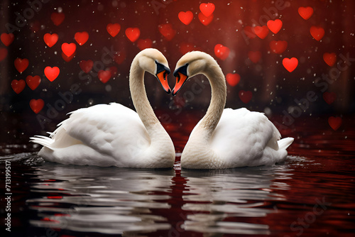 Two white swans on the lake with red hearts. Valentines day background