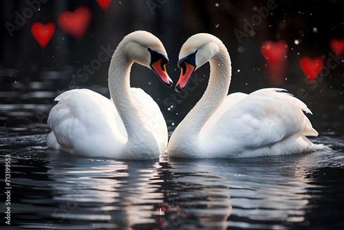 Two white swans swimming on the lake with hearts in the background