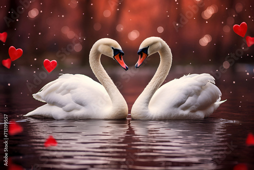 Two white swans on the water with hearts in the background.