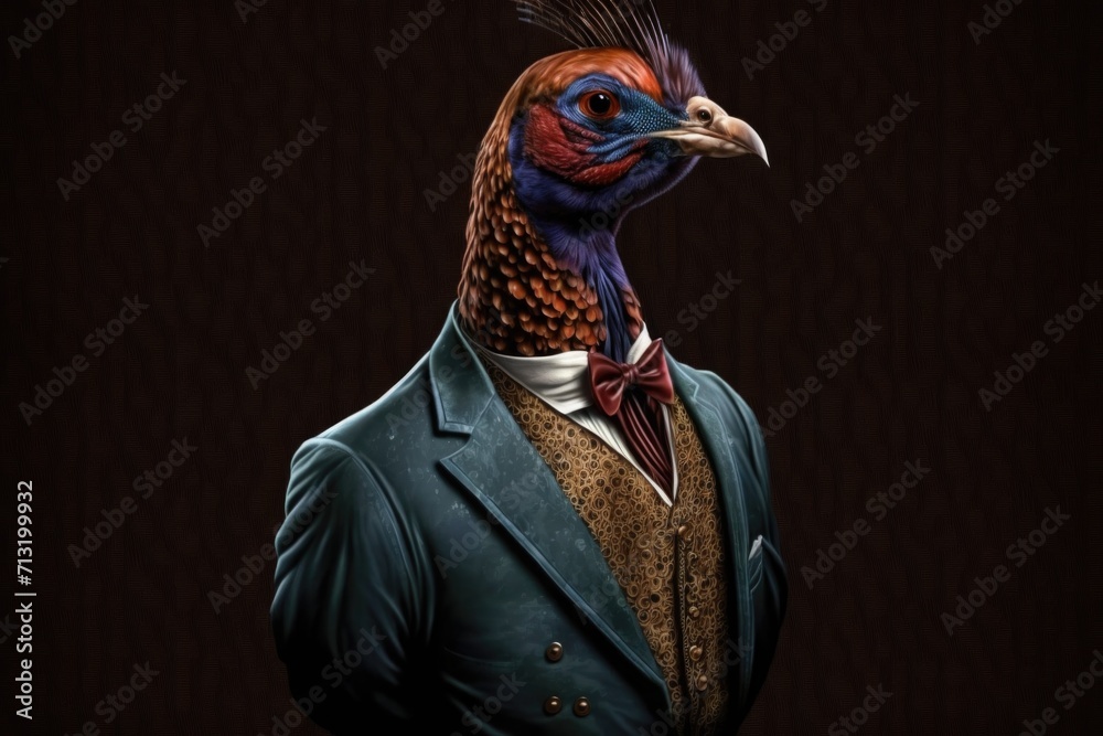 portrait of pheasant in a full-length business suit on a dark background