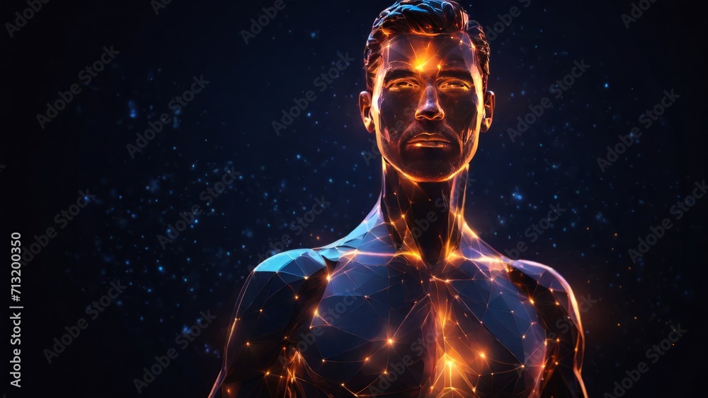Futuristic polygonal 3d man made of glowing yellow linear polygons on dark blue background. Abstract illustration for online business, it, network, support, healthy, medicine, services app concept.
