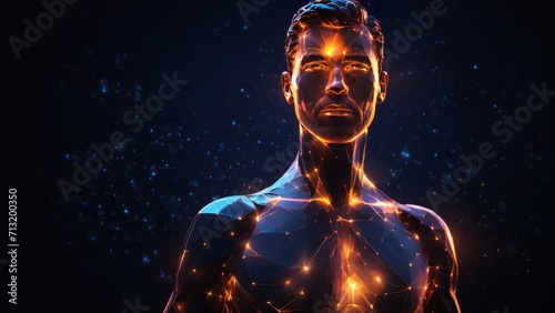 Futuristic polygonal 3d man made of glowing yellow linear polygons on dark blue background. Abstract illustration for online business, it, network, support, healthy, medicine, services app concept.