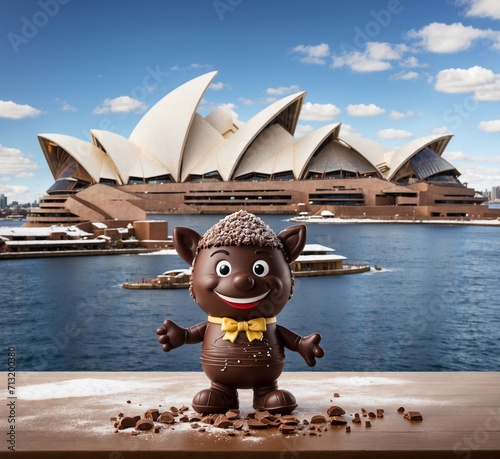 A chocolate mascot character on top of a wooden table in front of Sydney Opera House.