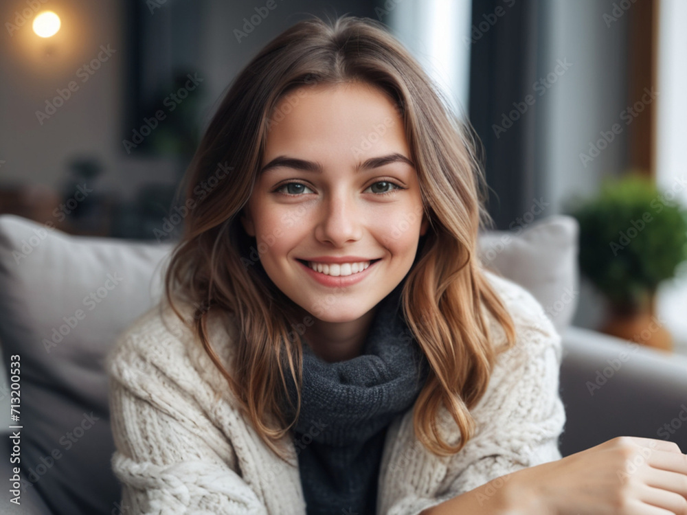 A beautiful young woman looking ahead and smiling A beautiful young woman looking ahead and smiling