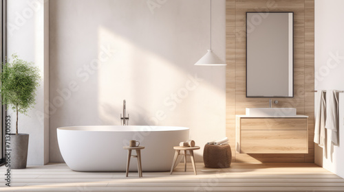 Contemporary bathroom with sunlight and natural wood accents. Modern simplicity and elegance concept Generative AI photo