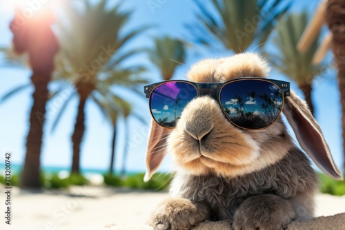 Wallpaper Mural portrait of rabbit in sunglasses on a blurred background of palm trees and the beach Torontodigital.ca