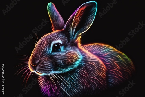 portrait of rabbit in neon colors on a dark background