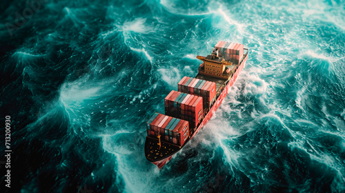 Shipping container ship on a stormy sea.