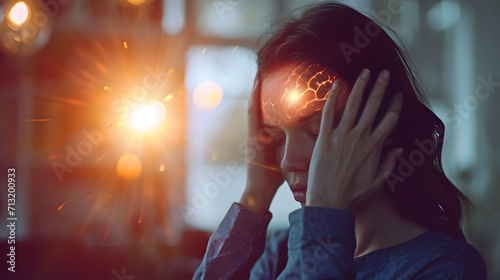 Young woman with headache at home with highlighted brain, stressed depression migraine concept photo